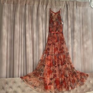 Copper color, flower print, long dress.